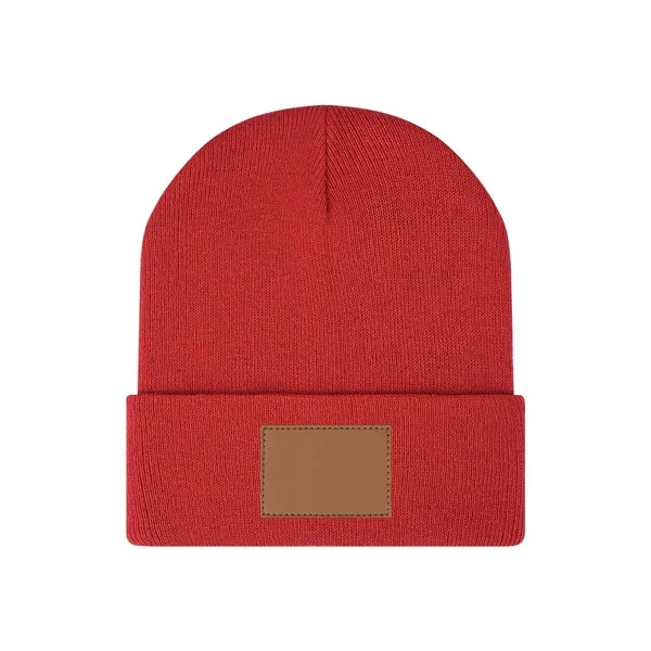 Cuffed Knit Beanie With PU Leather Patch