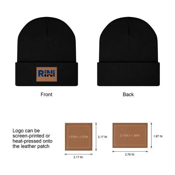 Cuffed Knit Beanie With PU Leather Patch
