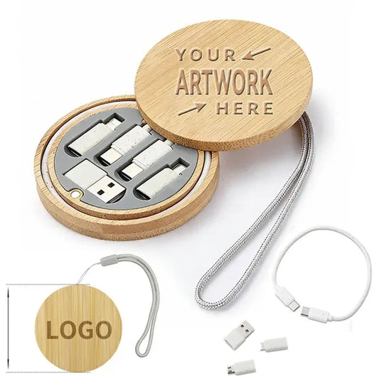 Round Bamboo Compact Multi Functional Charging Cable Data