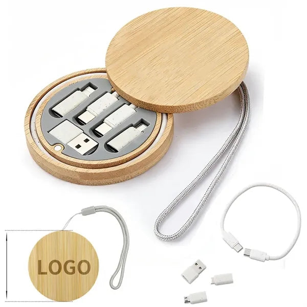 Round Bamboo Compact Multi Functional Charging Cable Data