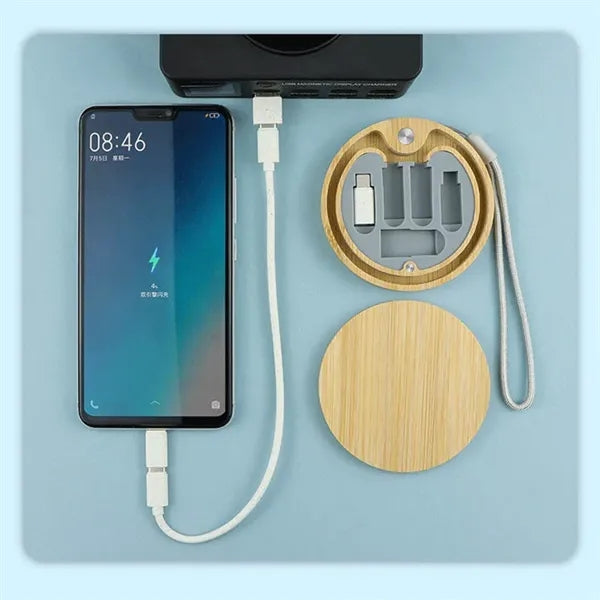 Round Bamboo Compact Multi Functional Charging Cable Data