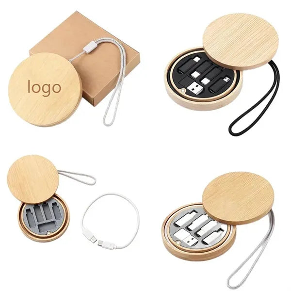 Round Bamboo Compact Multi Functional Charging Cable Data