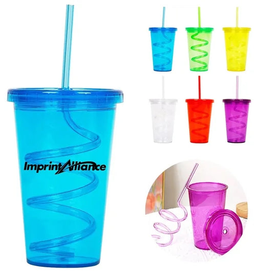 16 oz. Spiral Straw Plastic Cup with Lid and Custom Logo