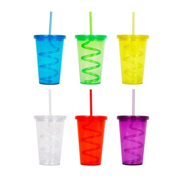 16 oz. Spiral Straw Plastic Cup with Lid and Custom Logo