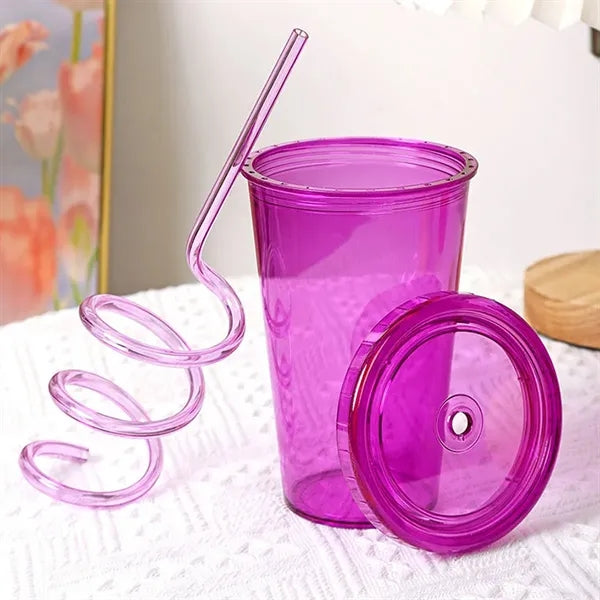 16 oz. Spiral Straw Plastic Cup with Lid and Custom Logo