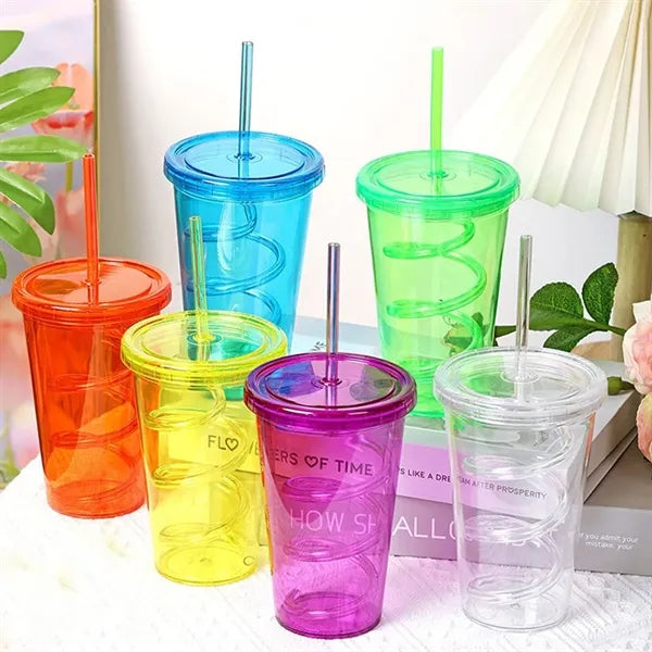 16 oz. Spiral Straw Plastic Cup with Lid and Custom Logo
