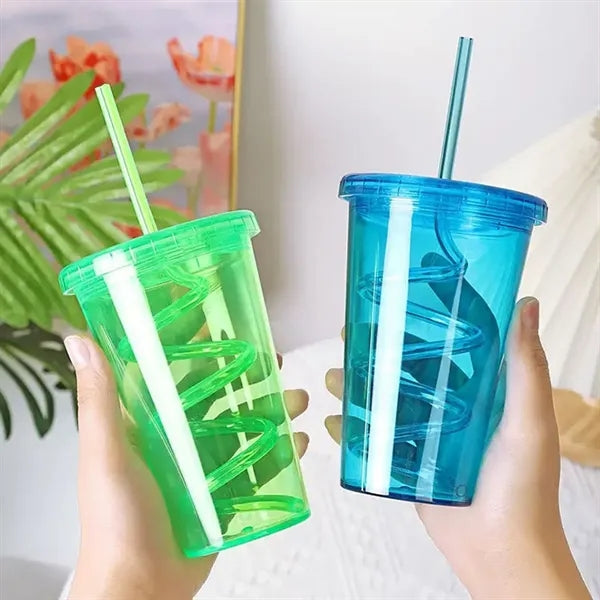16 oz. Spiral Straw Plastic Cup with Lid and Custom Logo