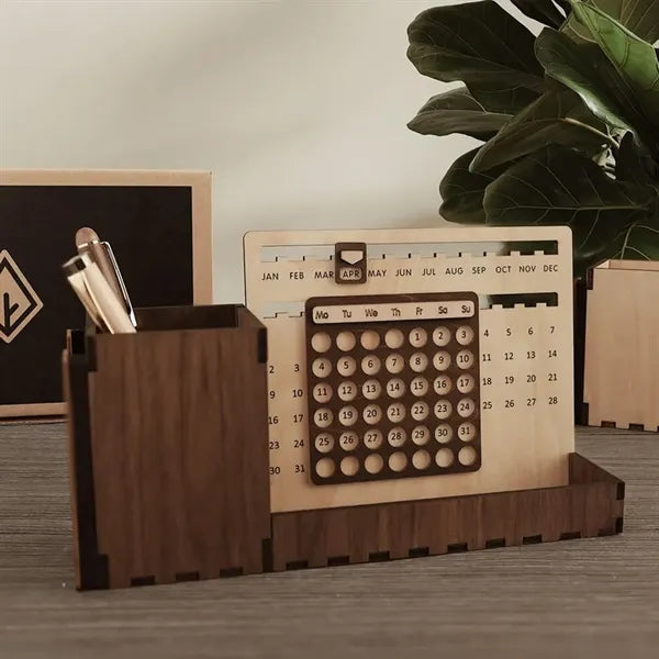 Wooden Desktop Organizer With Calendar And Pen Holder