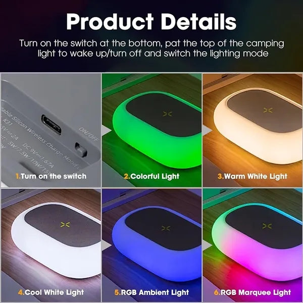 3-in-1 Wireless Charging Camping Lamp With RGB Light