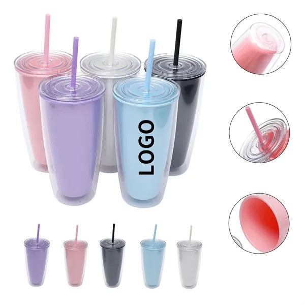 Double Wall Plastic Tumbler With Straw And Lid