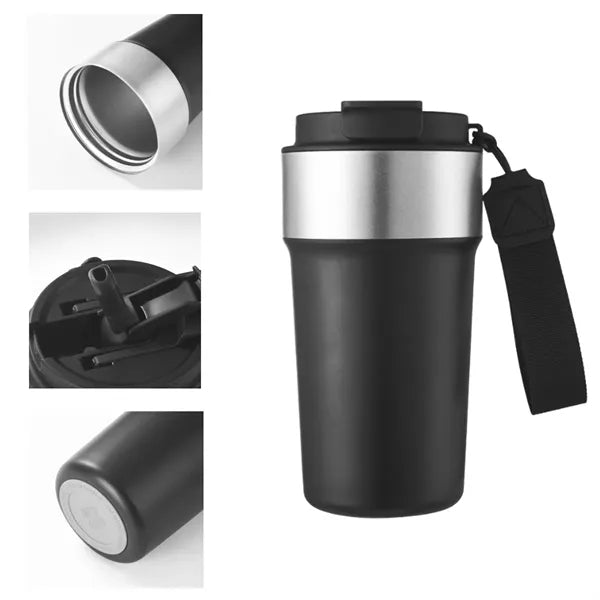 17oz. Stainless Steel Coffee Tumbler w/ Strap Lid and Straw