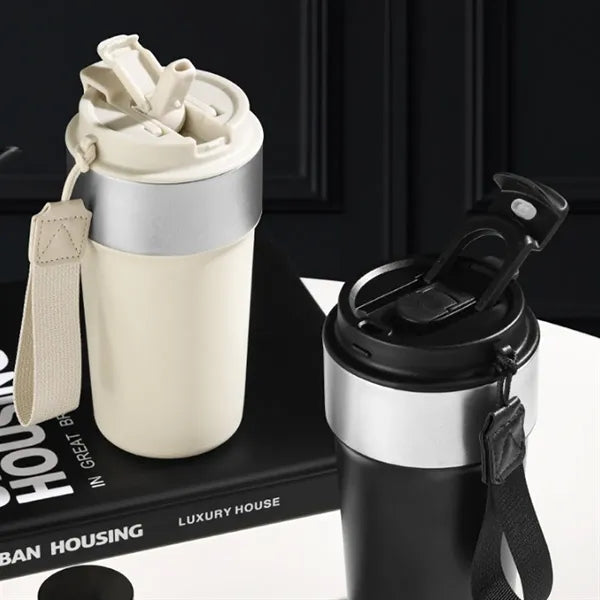 17oz. Stainless Steel Coffee Tumbler w/ Strap Lid and Straw