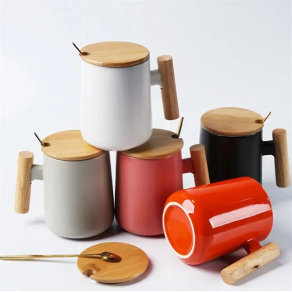 15 oz. Ceramic Coffee Mug with Bamboo Lid and Spoon