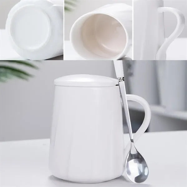 13oz. Ceramic Mug with Lid and Spoon for Office and Home