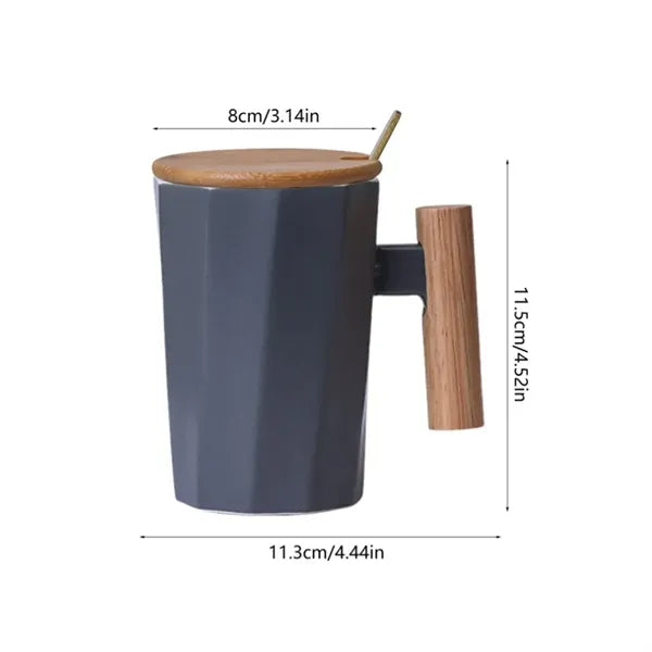 12oz. Ceramic Mug w/ Wooden Handle Lid & Spoon