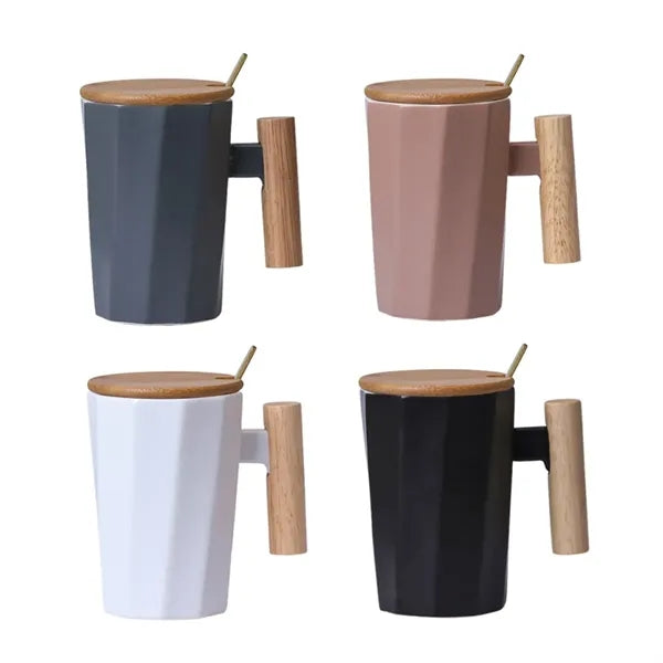 12oz. Ceramic Mug w/ Wooden Handle Lid & Spoon