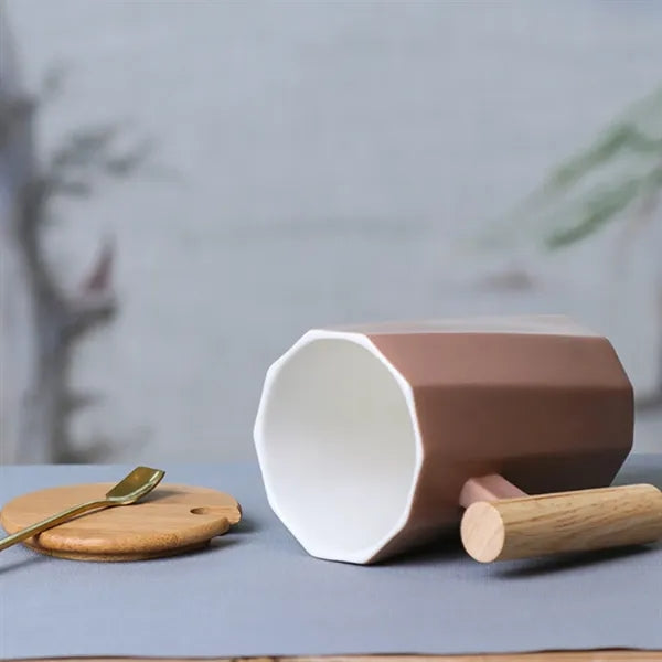 12oz. Ceramic Mug w/ Wooden Handle Lid & Spoon