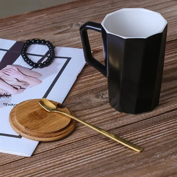 12oz. Ceramic Mug w/ Wooden Handle Lid & Spoon