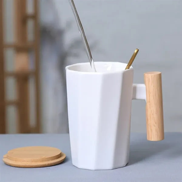 12oz. Ceramic Mug w/ Wooden Handle Lid & Spoon