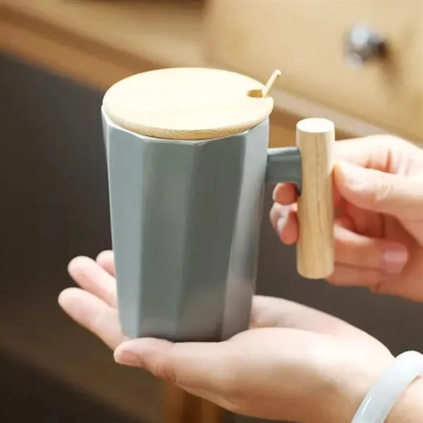 12oz. Ceramic Mug w/ Wooden Handle Lid & Spoon