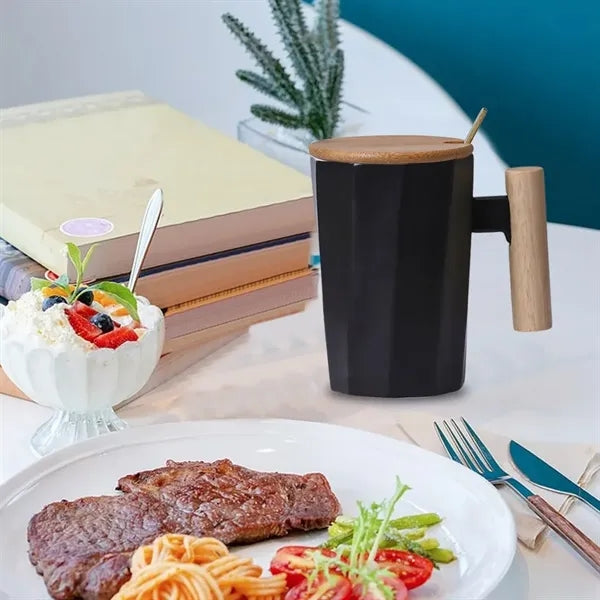 12oz. Ceramic Mug w/ Wooden Handle Lid & Spoon