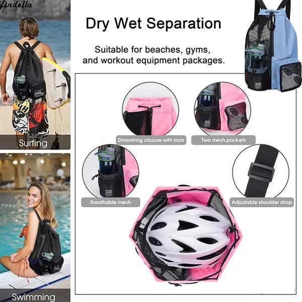 Beach Mesh Drawstring Backpack with Wet Pocket