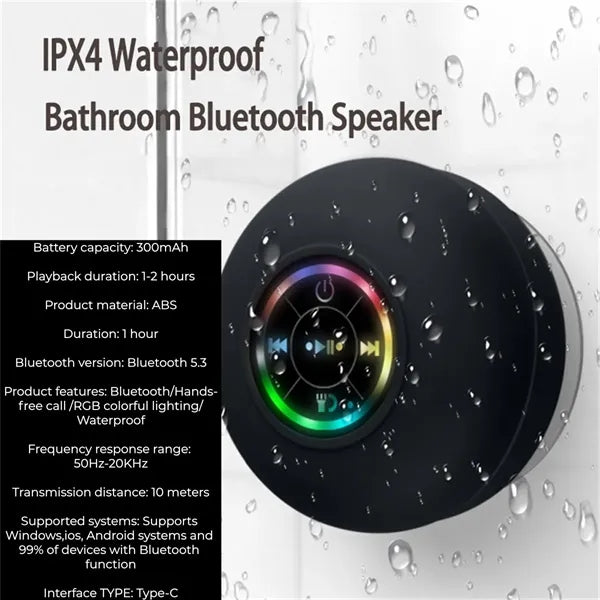 IPX4 Waterproof Bathroom Bluetooth Speaker with LED Light