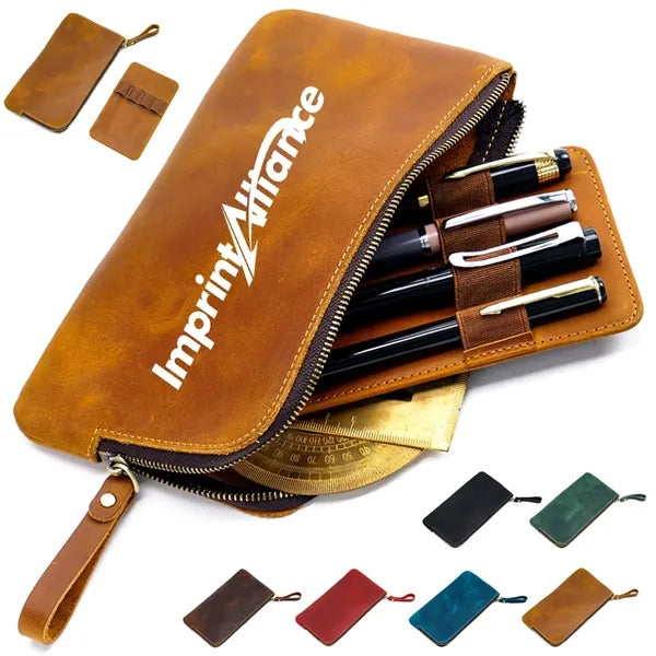 Vintage Leather Pen Case with Zipper Closure