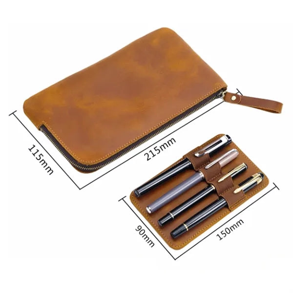 Vintage Leather Pen Case with Zipper Closure