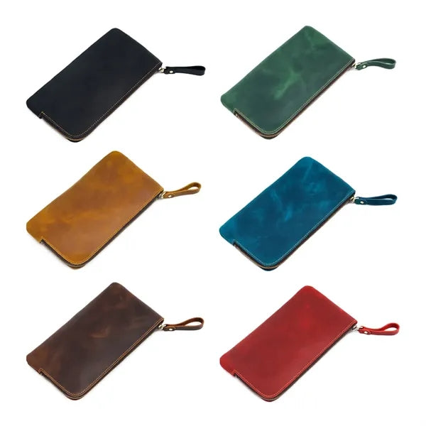 Vintage Leather Pen Case with Zipper Closure