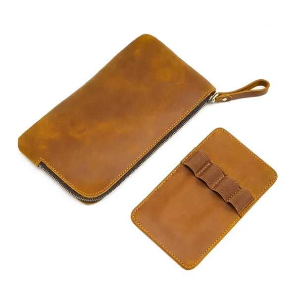 Vintage Leather Pen Case with Zipper Closure