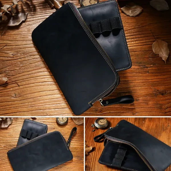 Vintage Leather Pen Case with Zipper Closure