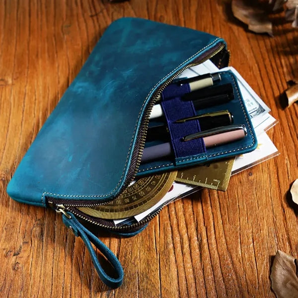 Vintage Leather Pen Case with Zipper Closure