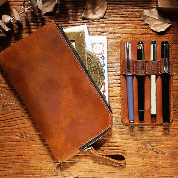 Vintage Leather Pen Case with Zipper Closure
