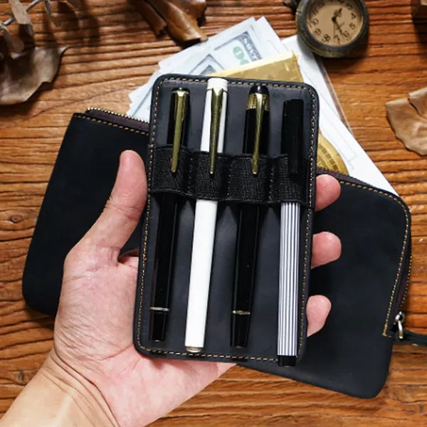Vintage Leather Pen Case with Zipper Closure