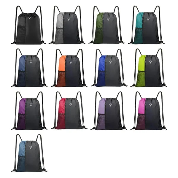 Two Tone Drawstring Backpack with Front Zipper Pocket