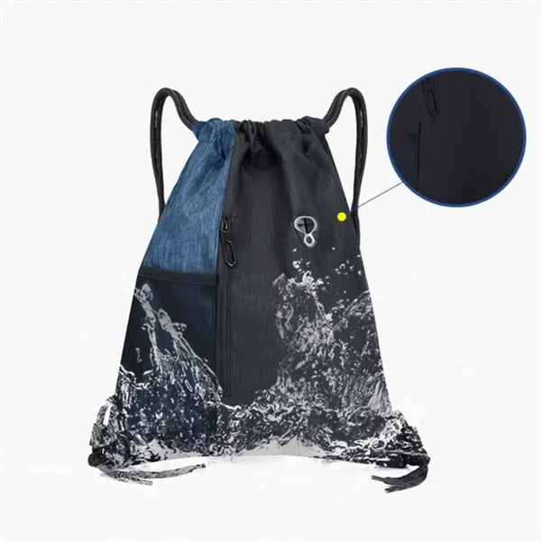 Two Tone Drawstring Backpack with Front Zipper Pocket