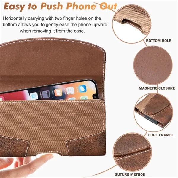 Leather Phone Holster with Belt Clip and Magnetic Flap