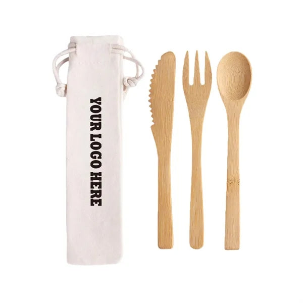 3 In 1 Bamboo Cutlery Set With Pouch