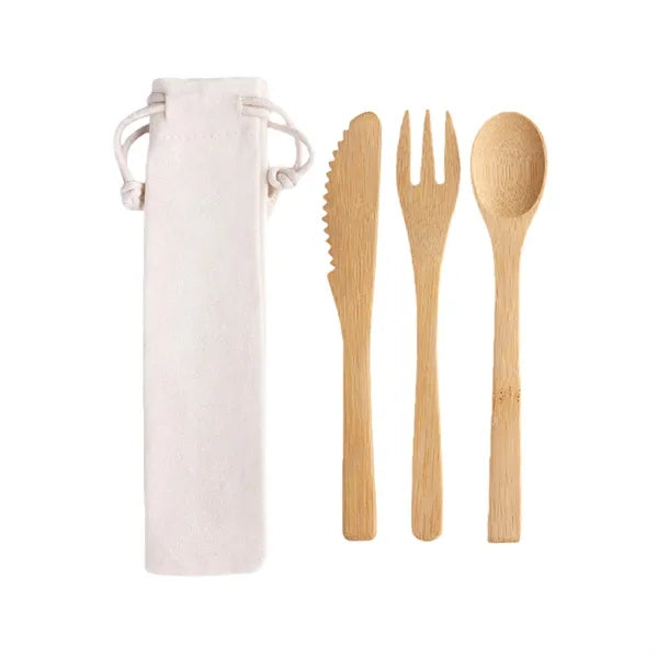 3 In 1 Bamboo Cutlery Set With Pouch