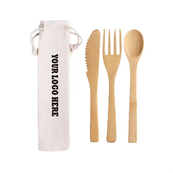 3 In 1 Bamboo Cutlery Set With Pouch