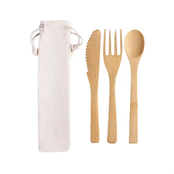 3 In 1 Bamboo Cutlery Set With Pouch