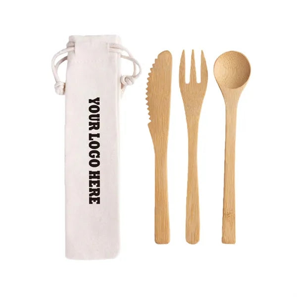 3 In 1 Bamboo Cutlery Set With Pouch