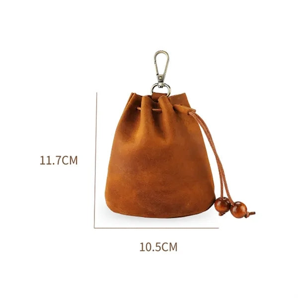 Leather Drawstring Pouch with Keychain Clip for Small Items