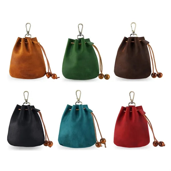 Leather Drawstring Pouch with Keychain Clip for Small Items