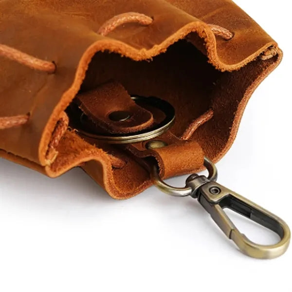 Leather Drawstring Pouch with Keychain Clip for Small Items