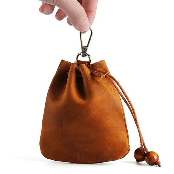 Leather Drawstring Pouch with Keychain Clip for Small Items
