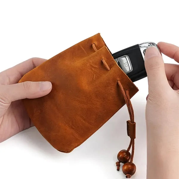 Leather Drawstring Pouch with Keychain Clip for Small Items