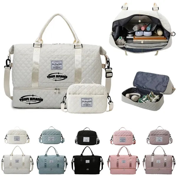 Quilted Travel Gym Tote Carry On Bag Wet Dry Shoe Pocket