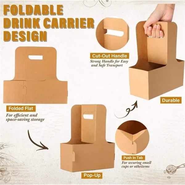 Folding Kraft Paper Cup Drink Holder 2/4 Cups